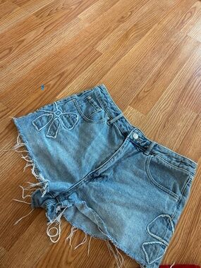 PacSun Light Blue Distressed Denim Shorts with Bow Patches
